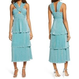 SAYLOR Aqua Shimmery Cross-Front Tiered Midi Dress